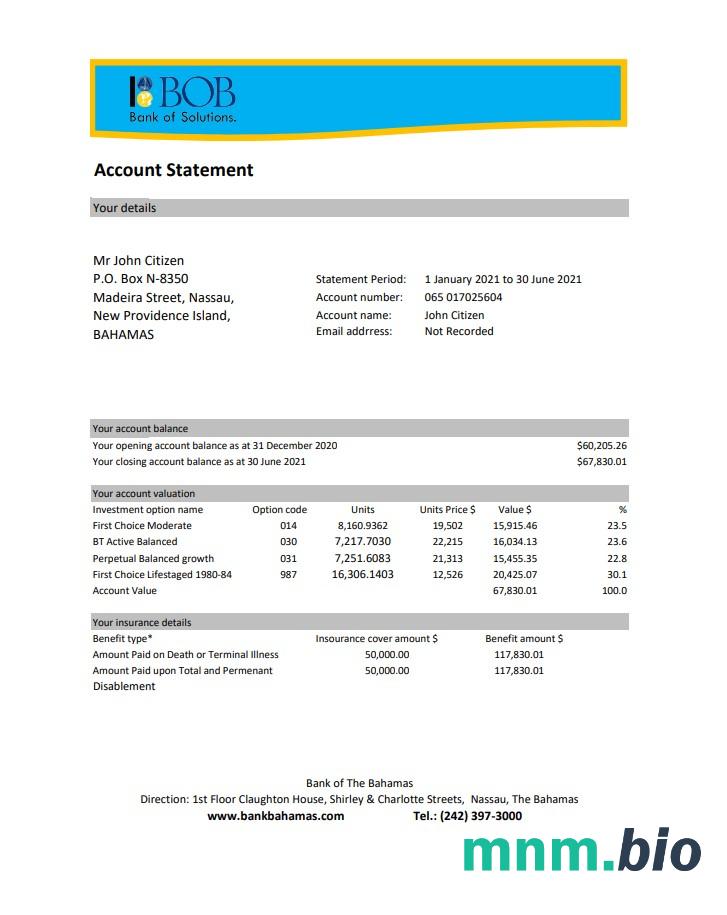 Bahamas Bank Of The Bahamas wzór wyciągu bankowego w formacie Word i PDF